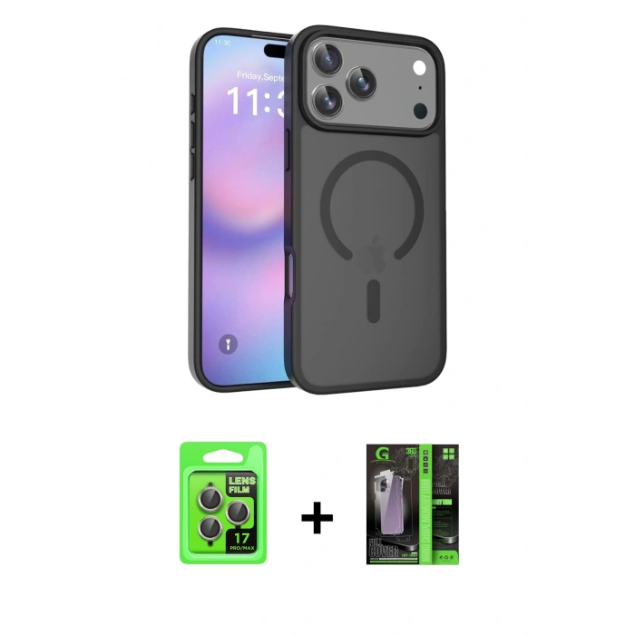 MARSİLYAN™- iPhone 17 Pro Kılıf Siluet Minimal Prime - Siyah 360 Mat Full Body Arka Koruyucu + Raze Metal Kamera Lens - GI