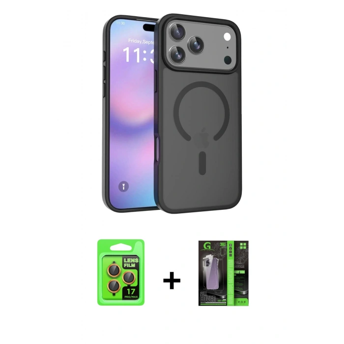 MARSİLYAN™- iPhone 17 Pro Kılıf Siluet Minimal Prime - Siyah 360 Mat Full Body Arka Koruyucu + Raze Metal Kamera Lens - TU