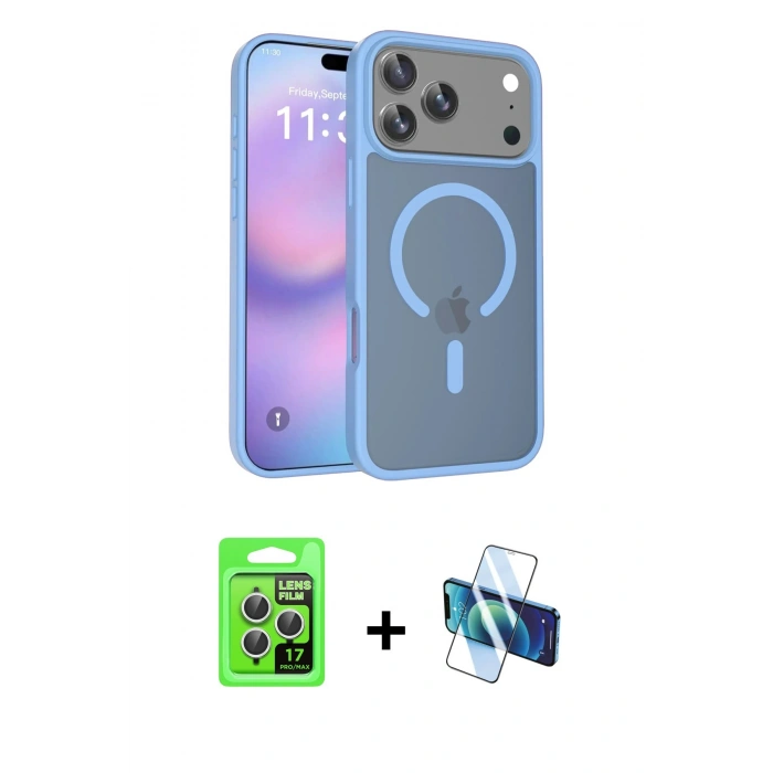 MARSİLYAN™- iPhone 17 Pro Kılıf Siluet Minimal Prime - Siyah 3D Antistatik Cam Ekran Koruyucu + Gümüş Raze Metal Kamera Lens
