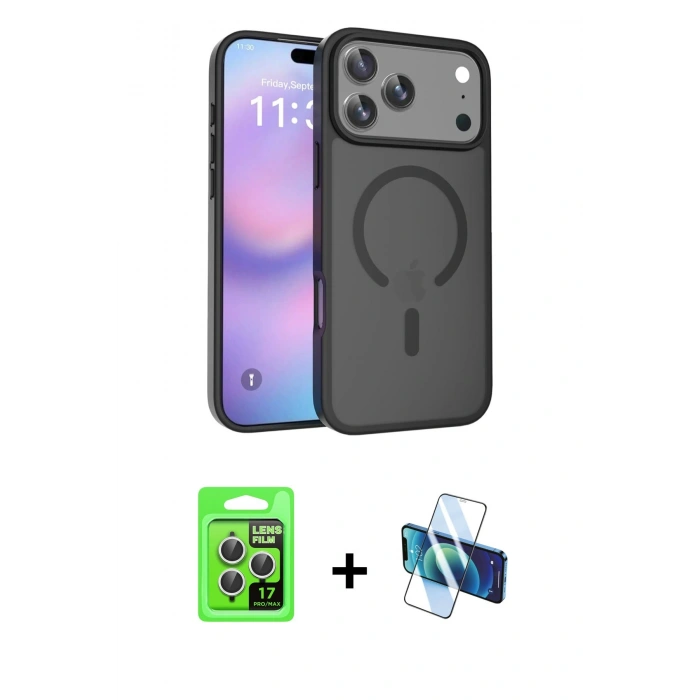 MARSİLYAN™- iPhone 17 Pro Kılıf Siluet Minimal Prime - Siyah 3D Antistatik Cam Ekran Koruyucu + Gümüş Raze Metal Kamera Lens
