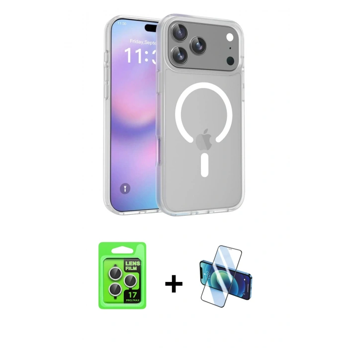 MARSİLYAN™- iPhone 17 Pro Kılıf Siluet Minimal Prime - Siyah 3D Antistatik Cam Ekran Koruyucu + Gümüş Raze Metal Kamera Lens