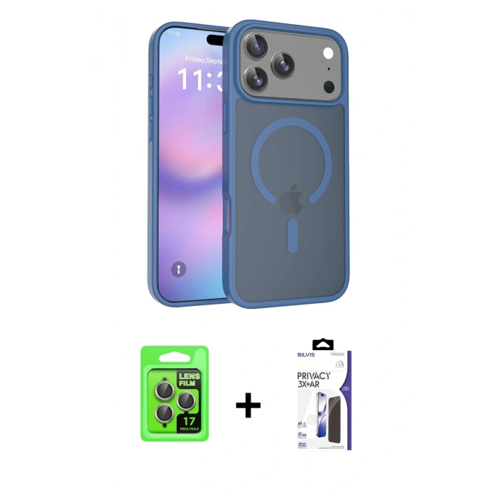 MARSİLYAN™- iPhone 17 Pro Kılıf Siluet Minimal Prime - Siyah Bilvis 3X AR Hayalet Cam Ekran Koruyucu + Raze Metal Kamera Lens - GI