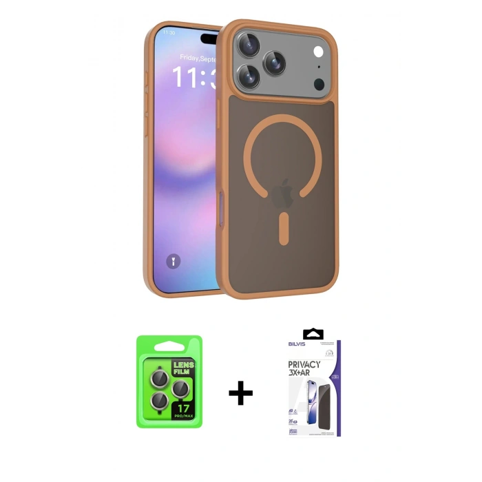MARSİLYAN™- iPhone 17 Pro Kılıf Siluet Minimal Prime - Siyah Bilvis 3X AR Hayalet Cam Ekran Koruyucu + Raze Metal Kamera Lens - GI