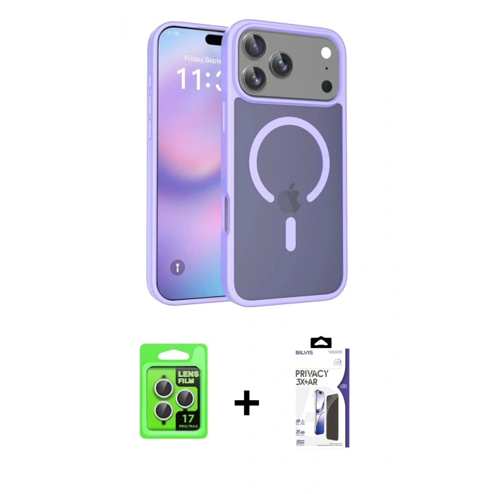 MARSİLYAN™- iPhone 17 Pro Kılıf Siluet Minimal Prime - Siyah Bilvis 3X AR Hayalet Cam Ekran Koruyucu + Raze Metal Kamera Lens - GS