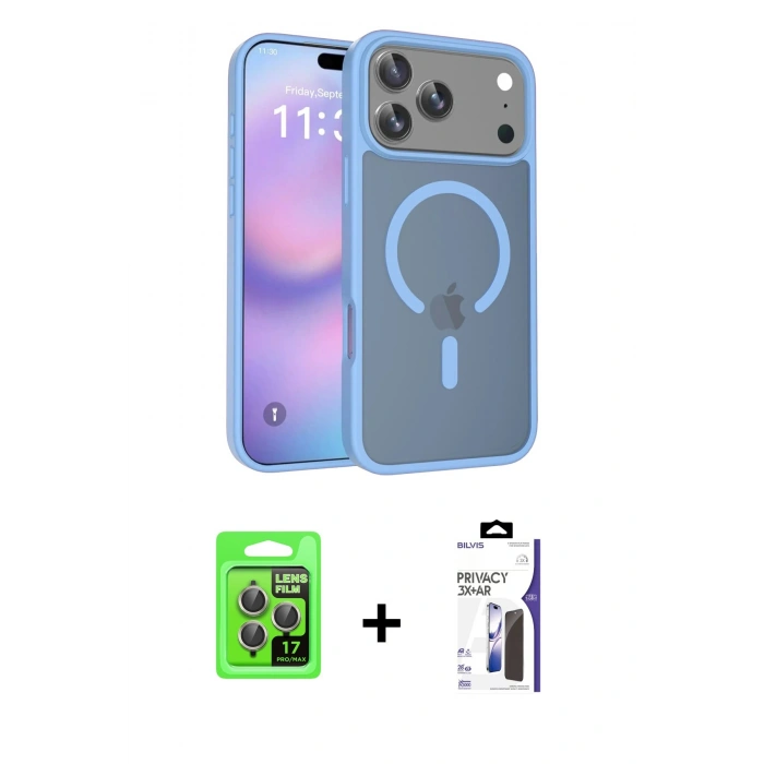 MARSİLYAN™- iPhone 17 Pro Kılıf Siluet Minimal Prime - Siyah Bilvis 3X AR Hayalet Cam Ekran Koruyucu + Raze Metal Kamera Lens - GI