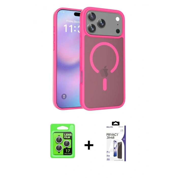 MARSİLYAN™- iPhone 17 Pro Kılıf Siluet Minimal Prime - Siyah Bilvis 3X AR Hayalet Cam Ekran Koruyucu + Raze Metal Kamera Lens - GS