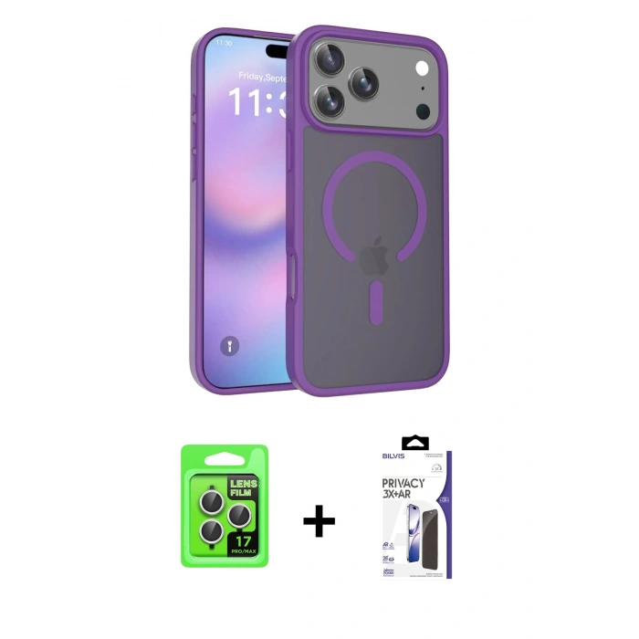 MARSİLYAN™- iPhone 17 Pro Kılıf Siluet Minimal Prime - Siyah Bilvis 3X AR Hayalet Cam Ekran Koruyucu + Raze Metal Kamera Lens - GS