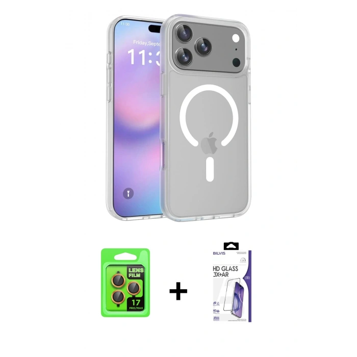 MARSİLYAN™- iPhone 17 Pro Kılıf Siluet Minimal Prime - Siyah Bilvis 3X AR HD Cam Ekran Koruyucu + Raze Metal Kamera Lens - TU