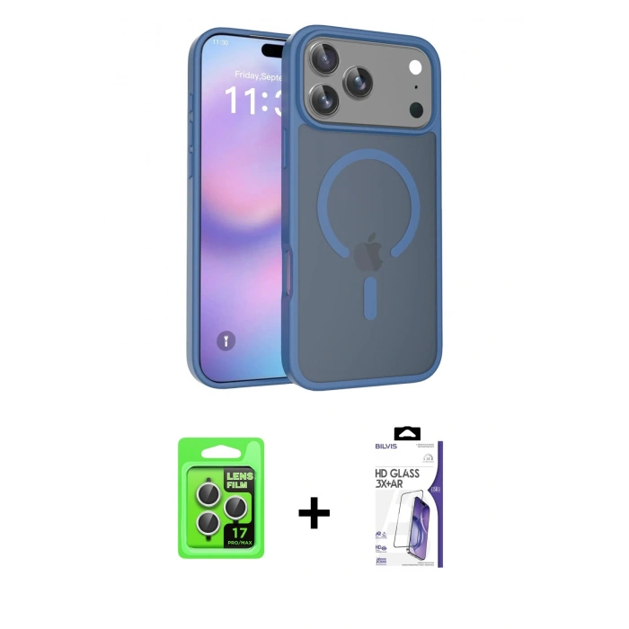 MARSİLYAN™- iPhone 17 Pro Kılıf Siluet Minimal Prime - Siyah Bilvis 3X AR HD Cam Ekran Koruyucu + Raze Metal Kamera Lens - GS