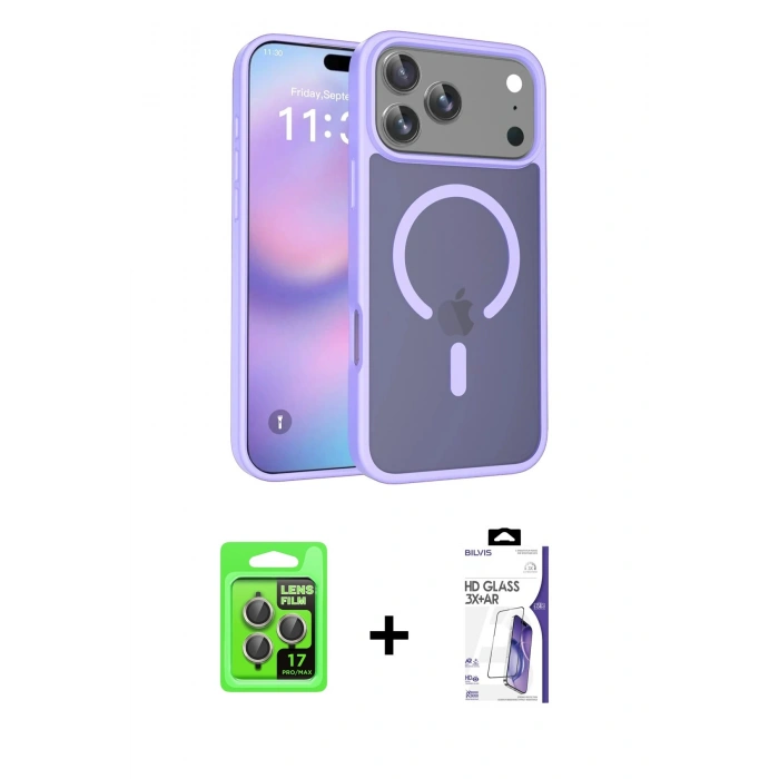 MARSİLYAN™- iPhone 17 Pro Kılıf Siluet Minimal Prime - Siyah Bilvis 3X AR HD Cam Ekran Koruyucu + Raze Metal Kamera Lens - GI