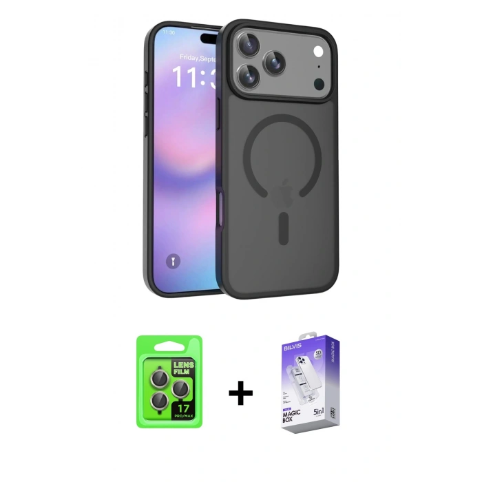 MARSİLYAN™- iPhone 17 Pro Kılıf Siluet Minimal Prime - Siyah Bilvis 5in1 3D Magic Cam Ekran Koruyucu + Raze Metal Kamera Lens - GI