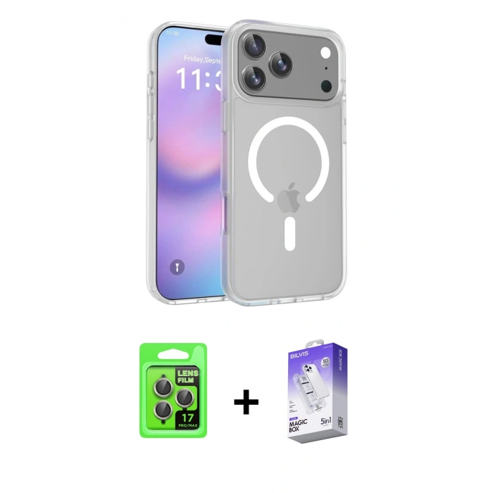 MARSİLYAN™- iPhone 17 Pro Kılıf Siluet Minimal Prime - Siyah Bilvis 5in1 3D Magic Cam Ekran Koruyucu + Raze Metal Kamera Lens - GI