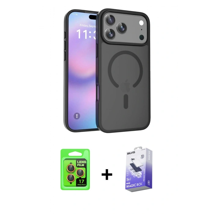 MARSİLYAN™- iPhone 17 Pro Kılıf Siluet Minimal Prime - Siyah Bilvis 5in1 5D Magic Hayalet Cam Ekran Koruyucu + Raze Metal Kamera Lens - TU