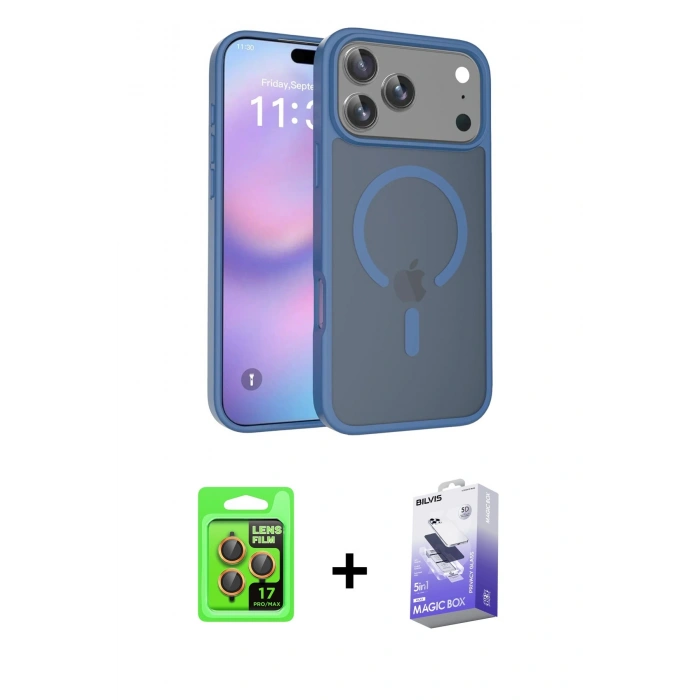 MARSİLYAN™- iPhone 17 Pro Kılıf Siluet Minimal Prime - Siyah Bilvis 5in1 5D Magic Hayalet Cam Ekran Koruyucu + Raze Metal Kamera Lens - TU