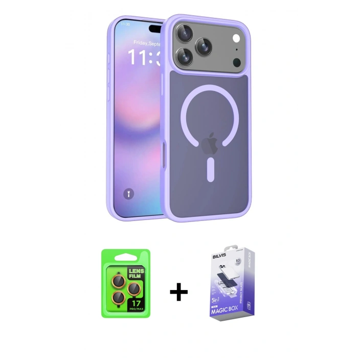MARSİLYAN™- iPhone 17 Pro Kılıf Siluet Minimal Prime - Siyah Bilvis 5in1 5D Magic Hayalet Cam Ekran Koruyucu + Raze Metal Kamera Lens - TU