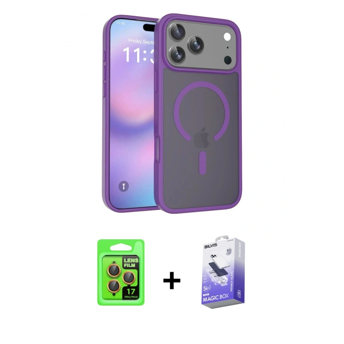 MARSİLYAN™- iPhone 17 Pro Kılıf Siluet Minimal Prime - Siyah Bilvis 5in1 5D Magic Hayalet Cam Ekran Koruyucu + Raze Metal Kamera Lens - TU