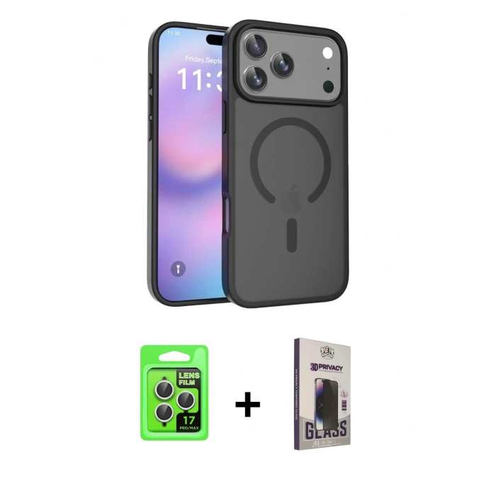 MARSİLYAN™- iPhone 17 Pro Kılıf Siluet Minimal Prime - Siyah Bilvis Hayalet Cam Ekran Koruyucu + Raze Metal Kamera Lens - GS
