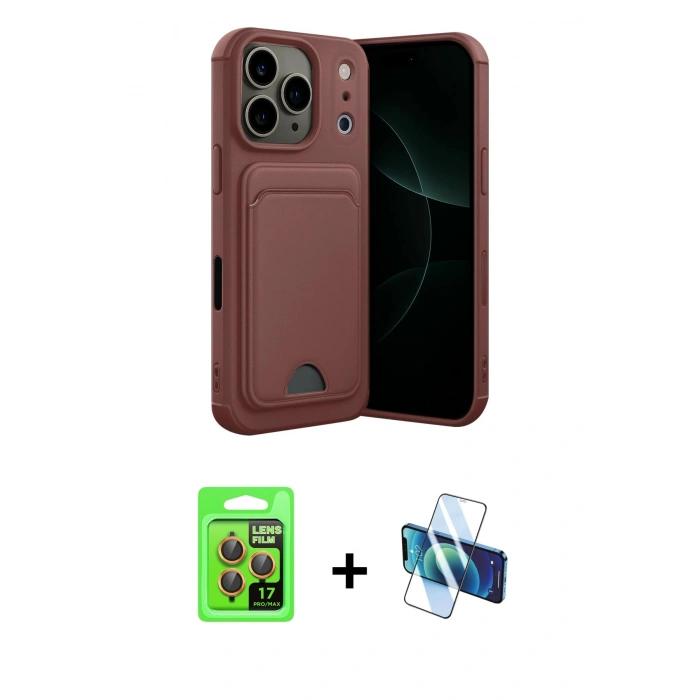 MARSİLYAN™- iPhone 17 Pro Kılıf Vadi Çizgi Prime - Siyah 3D Antistatik Cam Ekran Koruyucu + Turuncu Raze Metal Kamera Lens