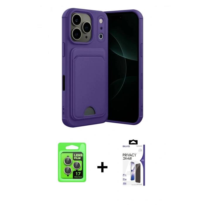 MARSİLYAN™- iPhone 17 Pro Kılıf Vadi Çizgi Prime - Siyah Bilvis 3X AR Hayalet Cam Ekran Koruyucu + Raze Metal Kamera Lens - GI