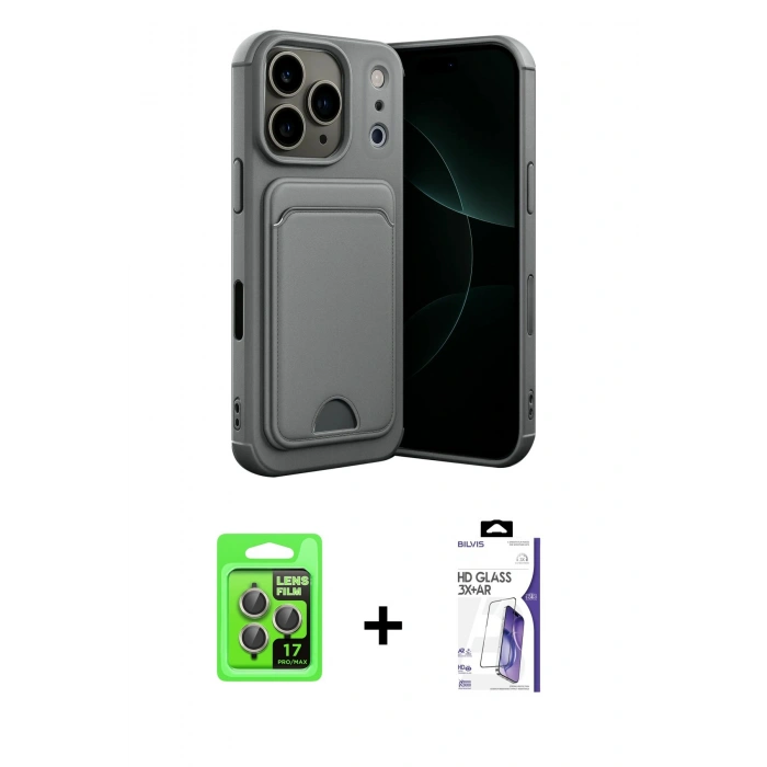 MARSİLYAN™- iPhone 17 Pro Kılıf Vadi Çizgi Prime - Siyah Bilvis 3X AR HD Cam Ekran Koruyucu + Raze Metal Kamera Lens - GI