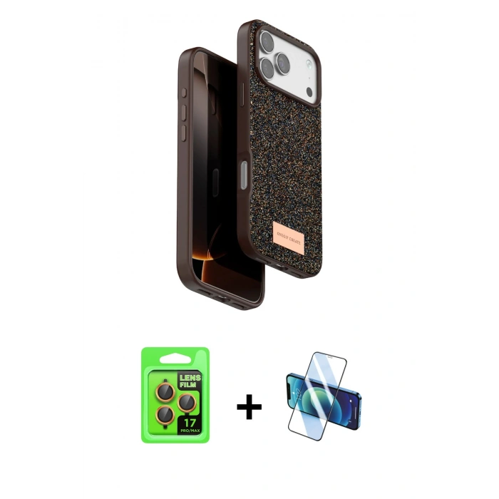MARSİLYAN™- iPhone 17 Pro Kılıf Vadi Klasik Serisi - Siyah 3D Antistatik Cam Ekran Koruyucu + Turuncu Raze Metal Kamera Lens
