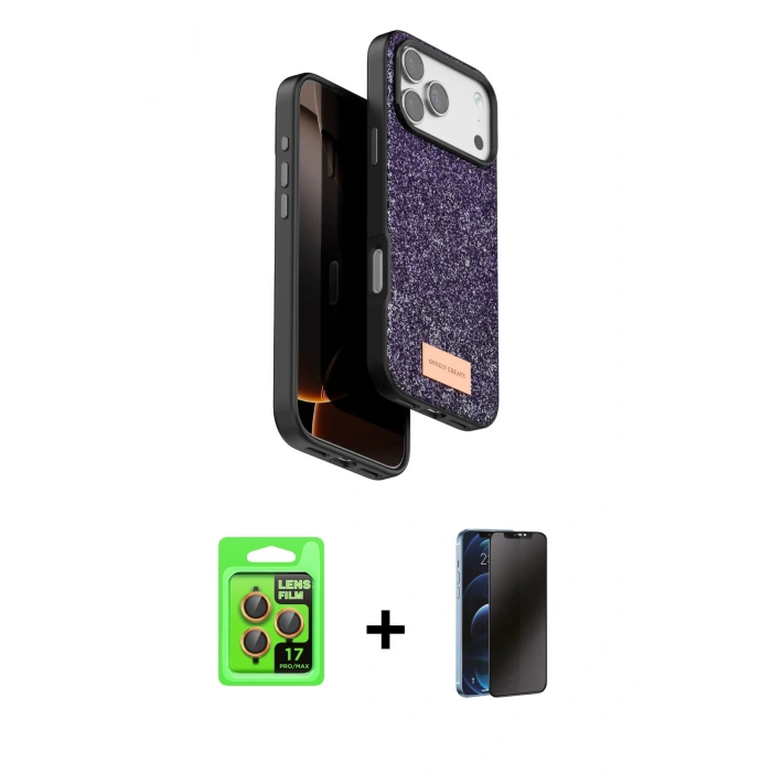 MARSİLYAN™- iPhone 17 Pro Kılıf Vadi Klasik Serisi - Siyah 3D Antistatik Hayalet Cam Ekran Koruyucu + Raze Metal Kamera Lens - TU