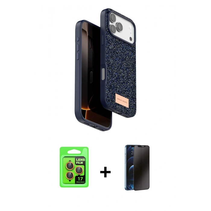 MARSİLYAN™- iPhone 17 Pro Kılıf Vadi Klasik Serisi - Siyah 3D Antistatik Hayalet Cam Ekran Koruyucu + Raze Metal Kamera Lens - TU