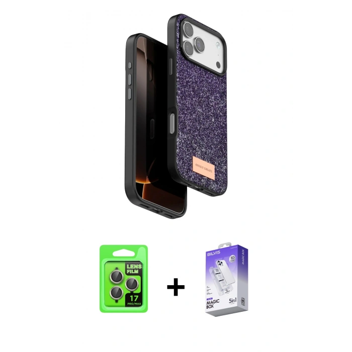 MARSİLYAN™- iPhone 17 Pro Kılıf Vadi Klasik Serisi - Siyah Bilvis 5in1 3D Magic Cam Ekran Koruyucu + Raze Metal Kamera Lens - GI