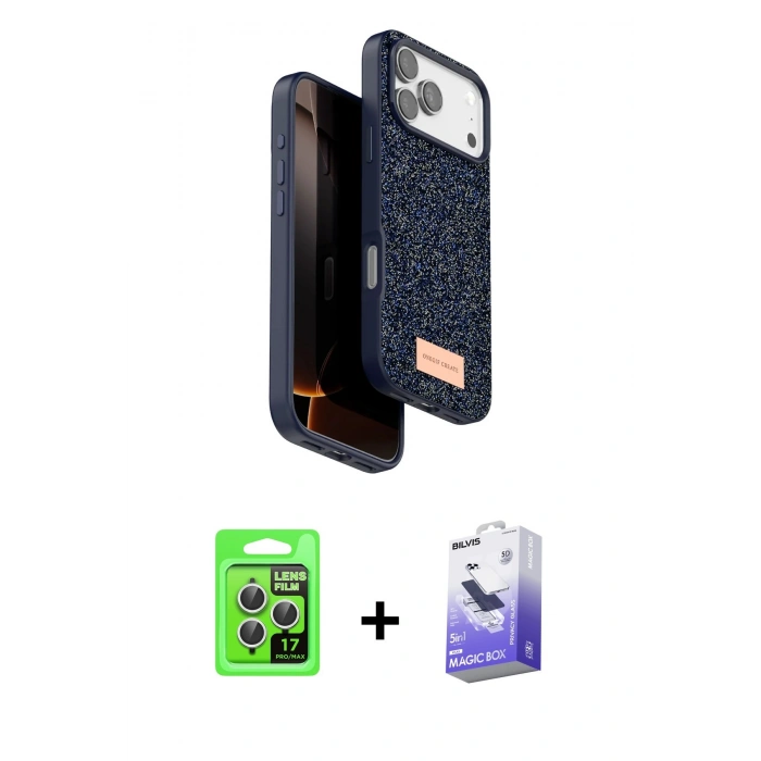 MARSİLYAN™- iPhone 17 Pro Kılıf Vadi Klasik Serisi - Siyah Bilvis 5in1 5D Magic Hayalet Cam Ekran Koruyucu + Raze Metal Kamera Lens - GS