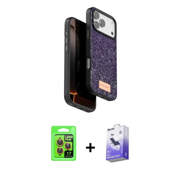 MARSİLYAN™- iPhone 17 Pro Kılıf Vadi Klasik Serisi - Siyah Bilvis 5in1 5D Magic Hayalet Cam Ekran Koruyucu + Raze Metal Kamera Lens - TU