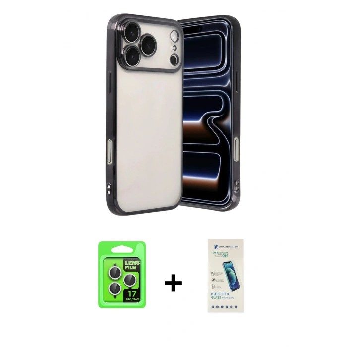 MARSİLYAN™- iPhone 17 Pro Kılıf Vadi Minimal - Şeffaf Pasifik Cam Ekran Koruyucu + Raze Metal Kamera Lens - GS