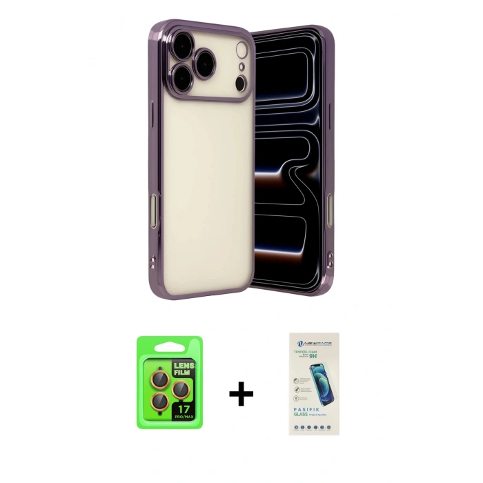 MARSİLYAN™- iPhone 17 Pro Kılıf Vadi Minimal - Şeffaf Pasifik Cam Ekran Koruyucu + Raze Metal Kamera Lens - TU