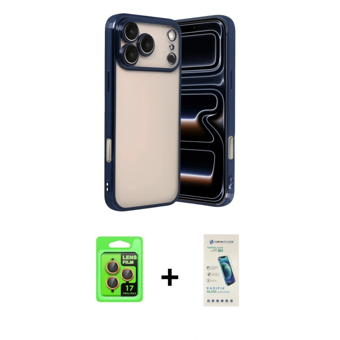 MARSİLYAN™- iPhone 17 Pro Kılıf Vadi Minimal - Şeffaf Pasifik Cam Ekran Koruyucu + Raze Metal Kamera Lens - TU