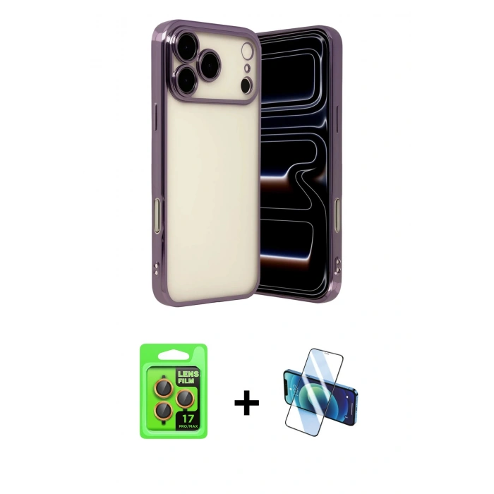 MARSİLYAN™- iPhone 17 Pro Kılıf Vadi Minimal - Siyah 3D Antistatik Cam Ekran Koruyucu + Raze Metal Kamera Lens - TU