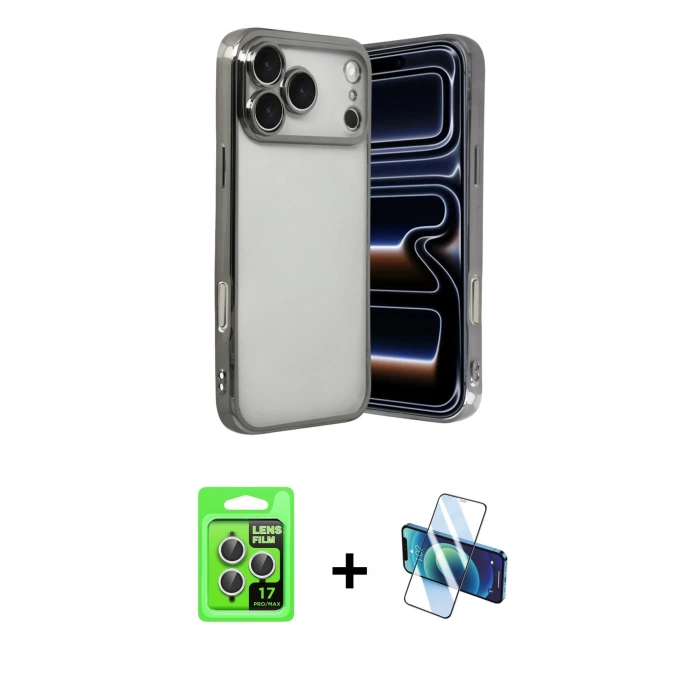MARSİLYAN™- iPhone 17 Pro Kılıf Vadi Minimal - Siyah 3D Antistatik Seramik Nano Ekran Koruyucu + Raze Metal Kamera Lens - GS