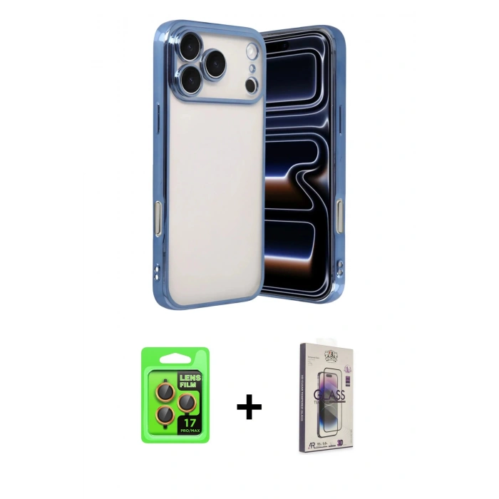 MARSİLYAN™- iPhone 17 Pro Kılıf Vadi Minimal - Siyah Bilvis 3D Cam Ekran Koruyucu + Raze Metal Kamera Lens - TU