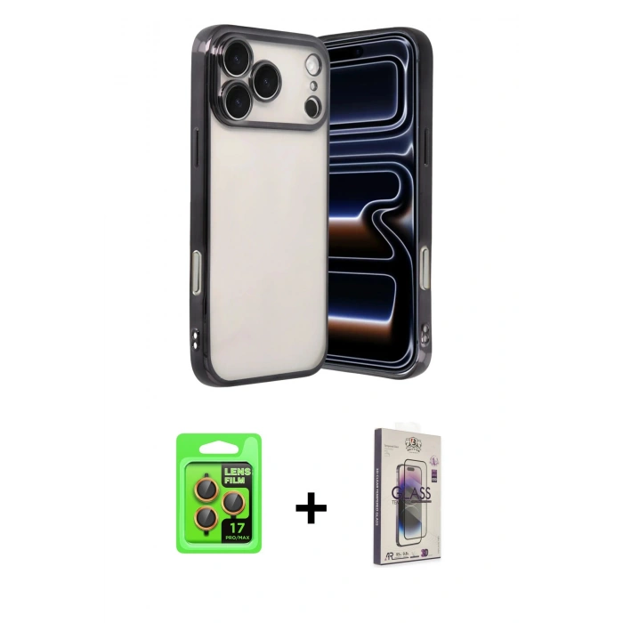 MARSİLYAN™- iPhone 17 Pro Kılıf Vadi Minimal - Siyah Bilvis 3D Cam Ekran Koruyucu + Raze Metal Kamera Lens - TU