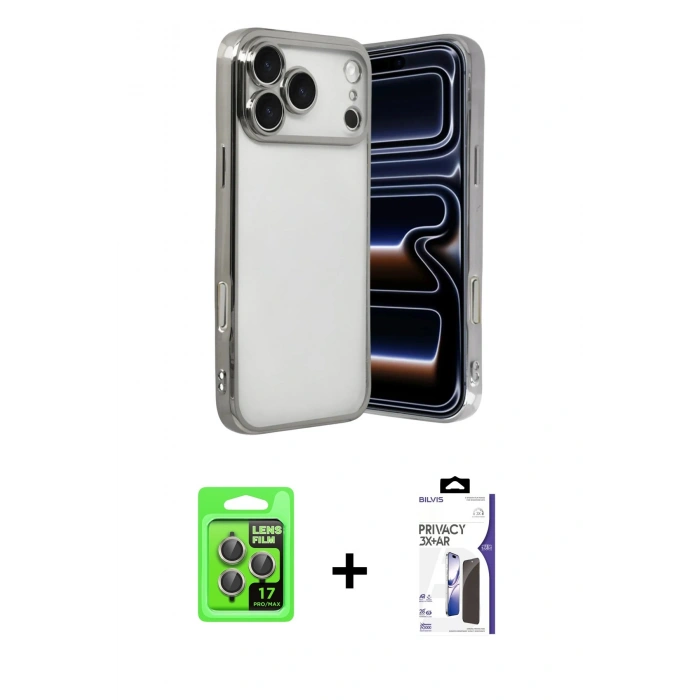 MARSİLYAN™- iPhone 17 Pro Kılıf Vadi Minimal - Siyah Bilvis 3X AR Hayalet Cam Ekran Koruyucu + Raze Metal Kamera Lens - GI