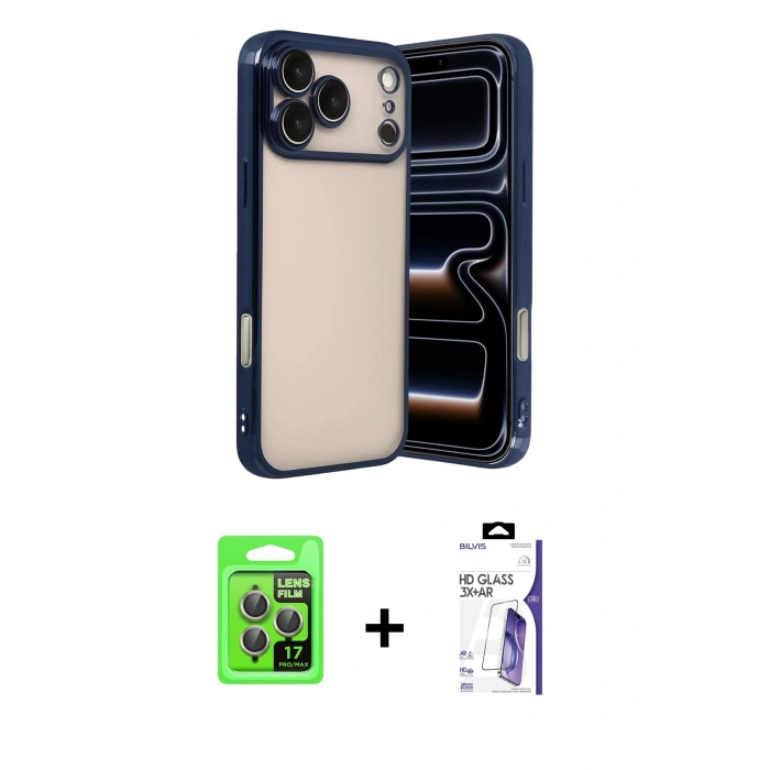 MARSİLYAN™- iPhone 17 Pro Kılıf Vadi Minimal - Siyah Bilvis 3X AR HD Cam Ekran Koruyucu + Raze Metal Kamera Lens - GI