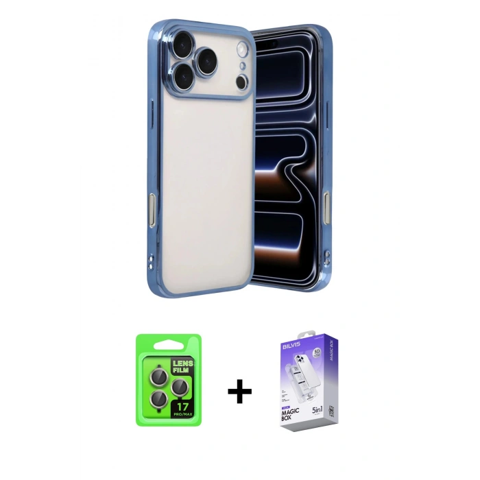 MARSİLYAN™- iPhone 17 Pro Kılıf Vadi Minimal - Siyah Bilvis 5in1 3D Magic Cam Ekran Koruyucu + Raze Metal Kamera Lens - GI