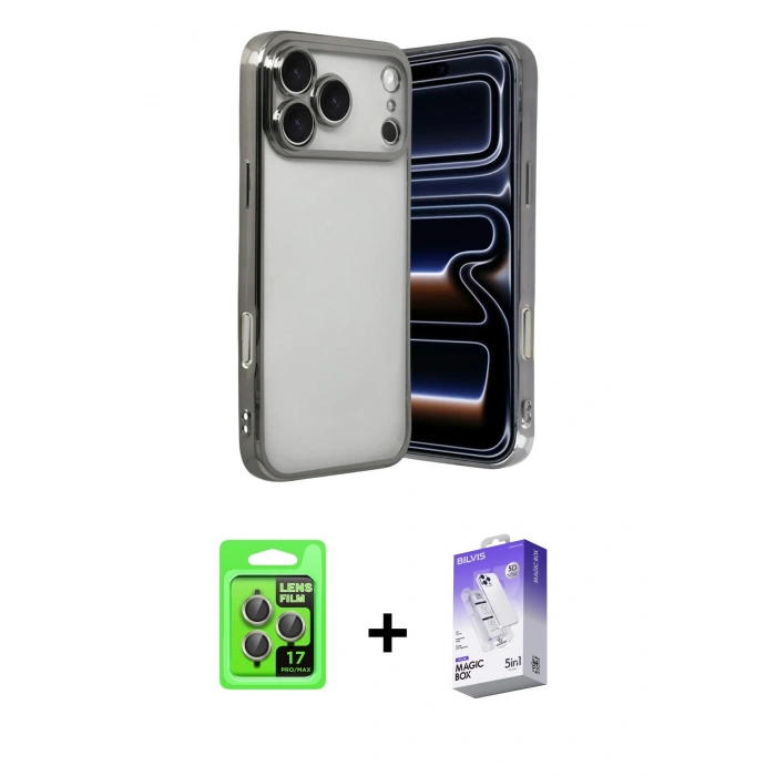 MARSİLYAN™- iPhone 17 Pro Kılıf Vadi Minimal - Siyah Bilvis 5in1 3D Magic Cam Ekran Koruyucu + Raze Metal Kamera Lens - GI