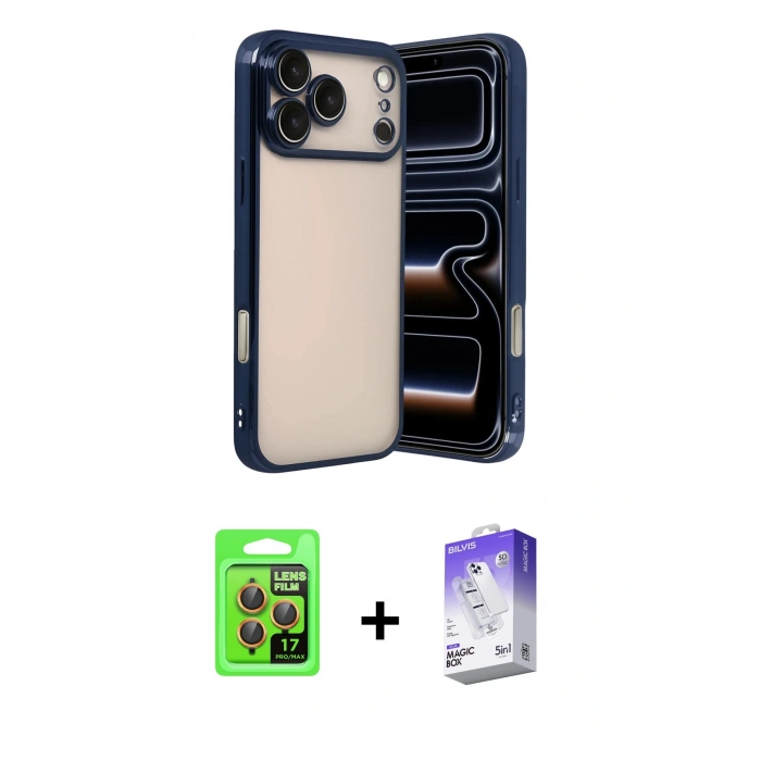 MARSİLYAN™- iPhone 17 Pro Kılıf Vadi Minimal - Siyah Bilvis 5in1 3D Magic Cam Ekran Koruyucu + Turuncu Raze Metal Kamera Lens