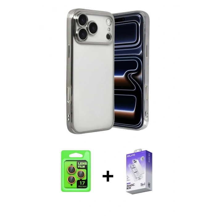 MARSİLYAN™- iPhone 17 Pro Kılıf Vadi Minimal - Siyah Bilvis 5in1 3D Magic Cam Ekran Koruyucu + Turuncu Raze Metal Kamera Lens