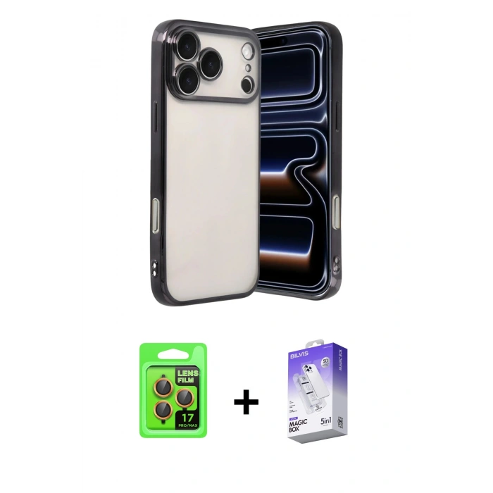 MARSİLYAN™- iPhone 17 Pro Kılıf Vadi Minimal - Siyah Bilvis 5in1 3D Magic Cam Ekran Koruyucu + Turuncu Raze Metal Kamera Lens