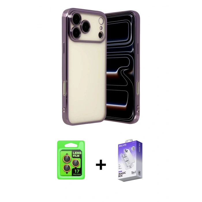 MARSİLYAN™- iPhone 17 Pro Kılıf Vadi Minimal - Siyah Bilvis 5in1 3D Magic Cam Ekran Koruyucu + Turuncu Raze Metal Kamera Lens