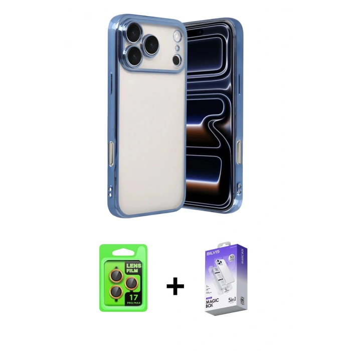 MARSİLYAN™- iPhone 17 Pro Kılıf Vadi Minimal - Siyah Bilvis 5in1 3D Magic Cam Ekran Koruyucu + Turuncu Raze Metal Kamera Lens