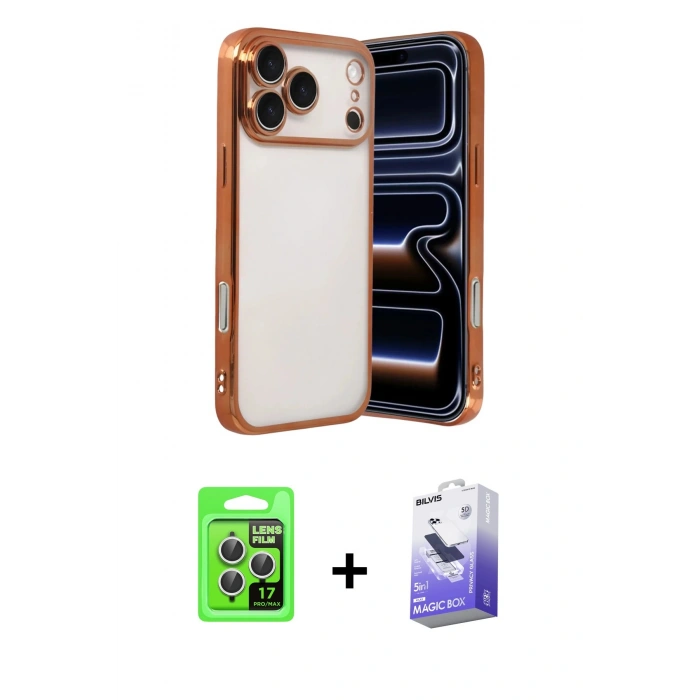 MARSİLYAN™- iPhone 17 Pro Kılıf Vadi Minimal - Siyah Bilvis 5in1 5D Magic Hayalet Cam Ekran Koruyucu + Raze Metal Kamera Lens - GS
