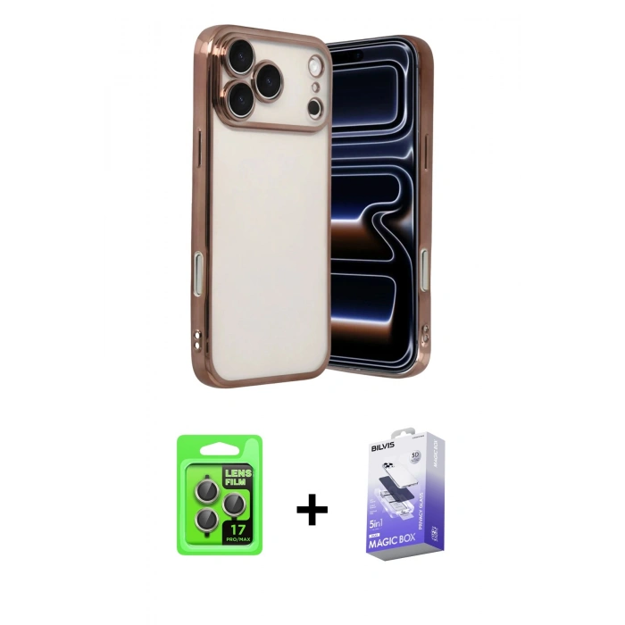 MARSİLYAN™- iPhone 17 Pro Kılıf Vadi Minimal - Siyah Bilvis 5in1 5D Magic Hayalet Cam Ekran Koruyucu + Raze Metal Kamera Lens - GI