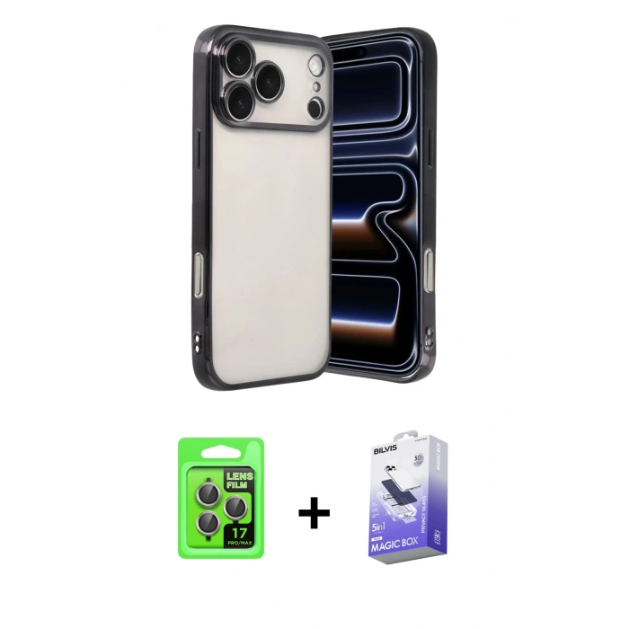 MARSİLYAN™- iPhone 17 Pro Kılıf Vadi Minimal - Siyah Bilvis 5in1 5D Magic Hayalet Cam Ekran Koruyucu + Raze Metal Kamera Lens - GI