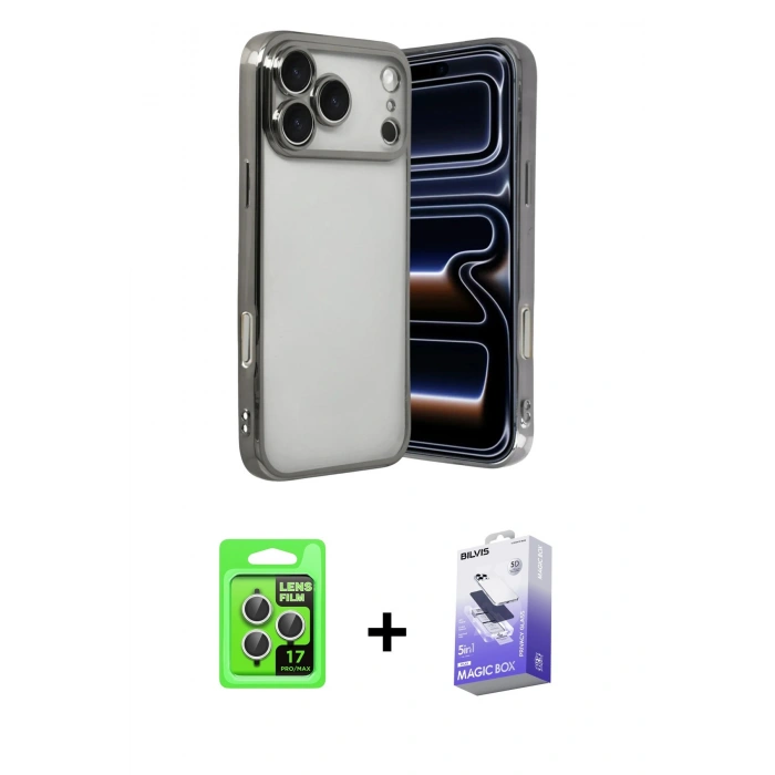 MARSİLYAN™- iPhone 17 Pro Kılıf Vadi Minimal - Siyah Bilvis 5in1 5D Magic Hayalet Cam Ekran Koruyucu + Raze Metal Kamera Lens - GS